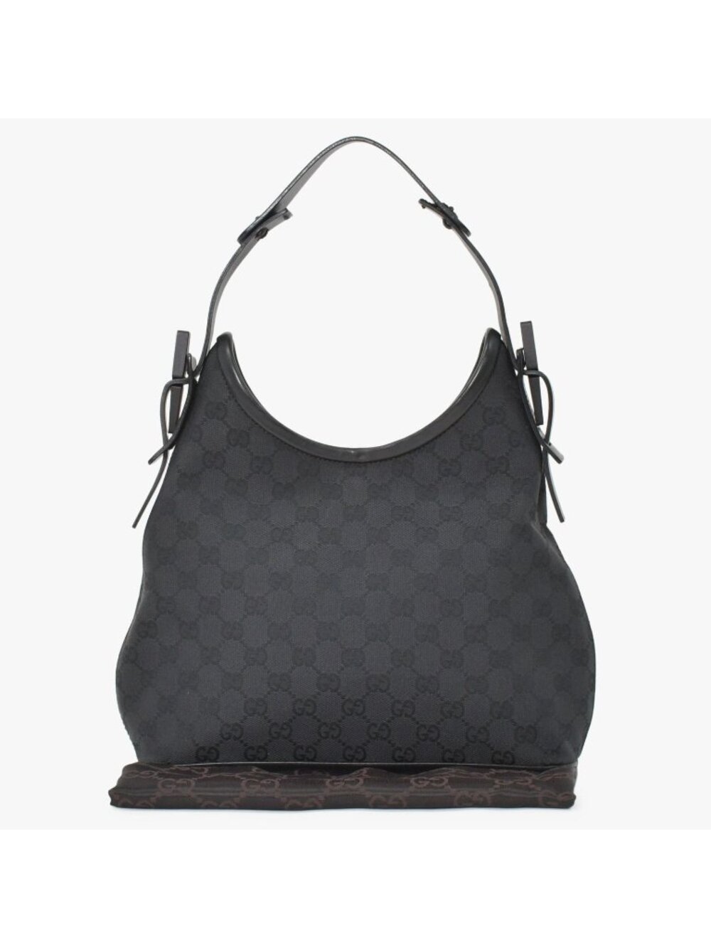 Gucci Hobo Handbag GG Canvas Leather Black Gold